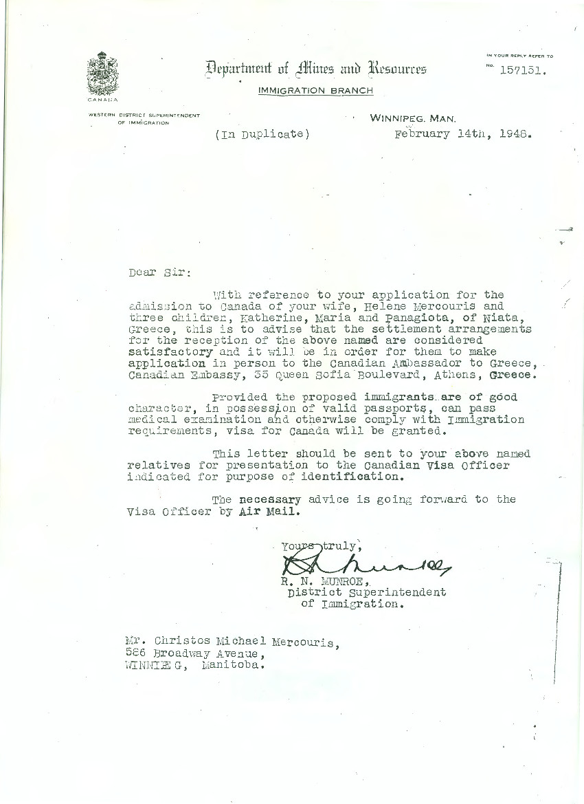 Invitations
 Identity documents to enter Canada of the spouse and children of Mr. H.
M. Merkouris (February 4, 1946). Source: Immigrec
