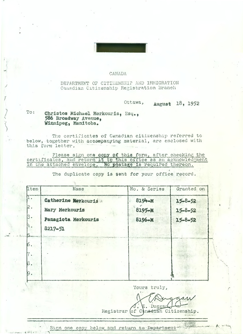 Invitations
 Identity documents to enter Canada of the spouse and children of Mr. H.
M. Merkouris (February 4, 1946). Source: Immigrec
