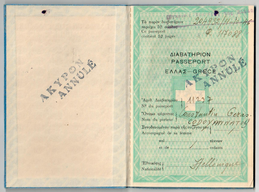 The passport
 The passport of Mr. Konstantinos Kontogiannatos. Athens, 11 October 1946.
Source: Konstadinos Kontogianatos'
