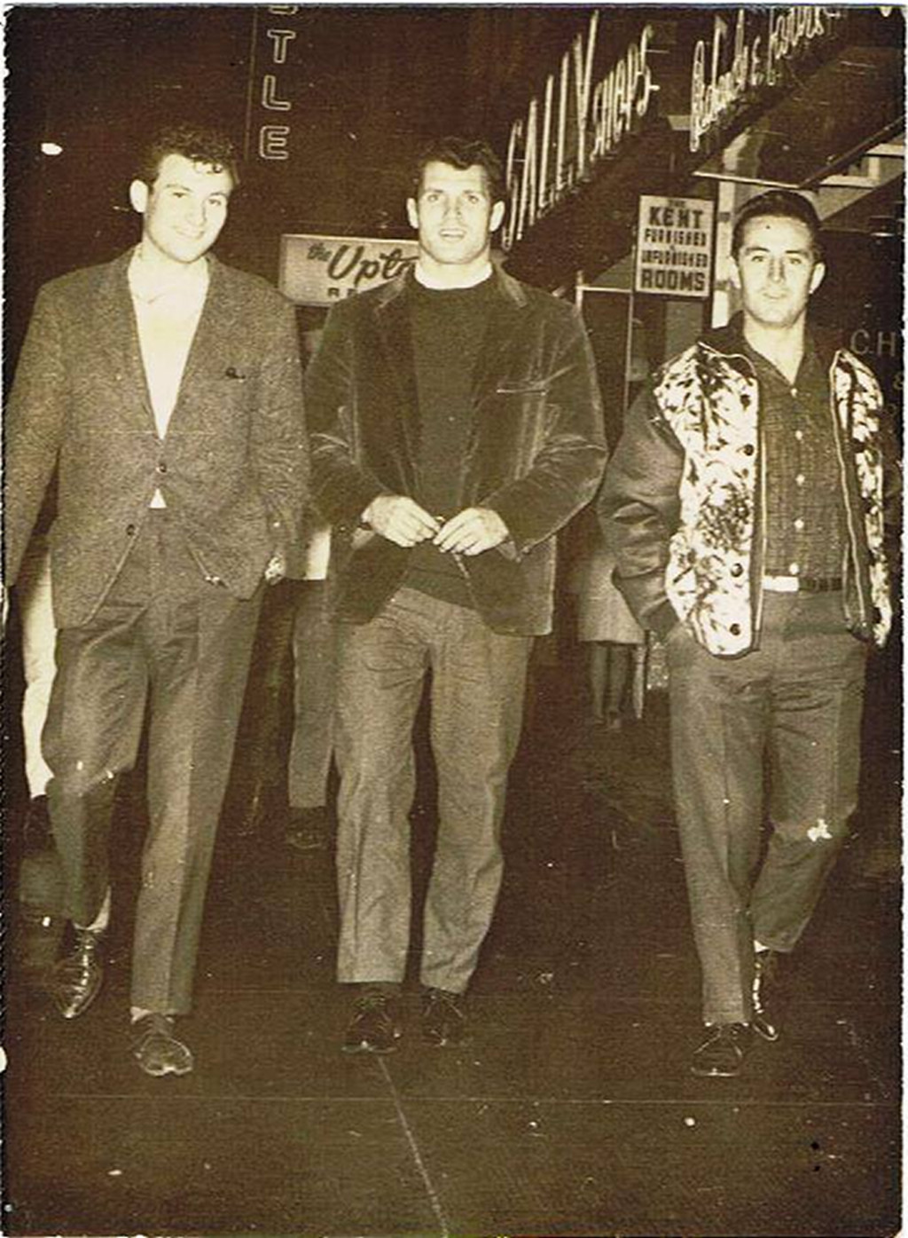 Walking the Canadian city  Vancouver, Granville Street, 1962. View from left: Peter J. Capadouca, John Heras and George Eliades (Sinaites). Source: Hellenic Stories of Vancouver FB - Sophia Karasoulis-Milobar.
