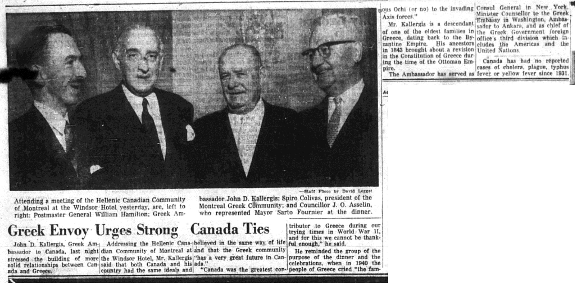 Communiqué du Président de la communauté grecque de Montréal concernant le besoin de développer des liens forts entre la Grèce et le Canada. « Greek Envoy urges strong Canada ties », Montreal Daily Star, 02/11/1959.
