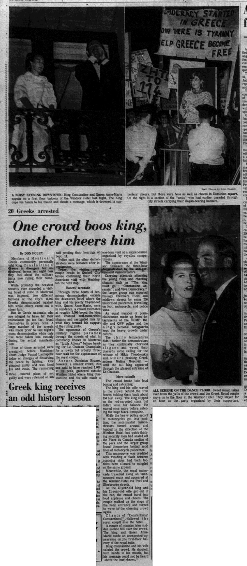 A new Schism
The article refers to King Constantine’s arrival in Montreal and to the demonstrations which were held in favor of, but also against the monarchy. “One crowd Boos King, Another Cheers Him”, Montreal Daily Star, 07-09-1967.
Source: Canadian Press 
